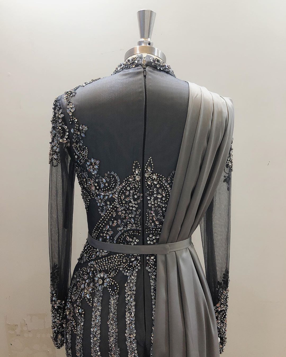 arabic aso ebi grey luxurious mermaid evening dresses beaded crystals prom dresses high neck formal party second reception gonws zj355