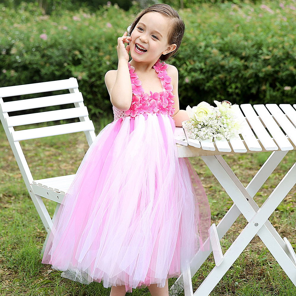 cheap pink princess girls pageant dresses tiered tulle hand made flowers long kids formal gowns birthday prom dress