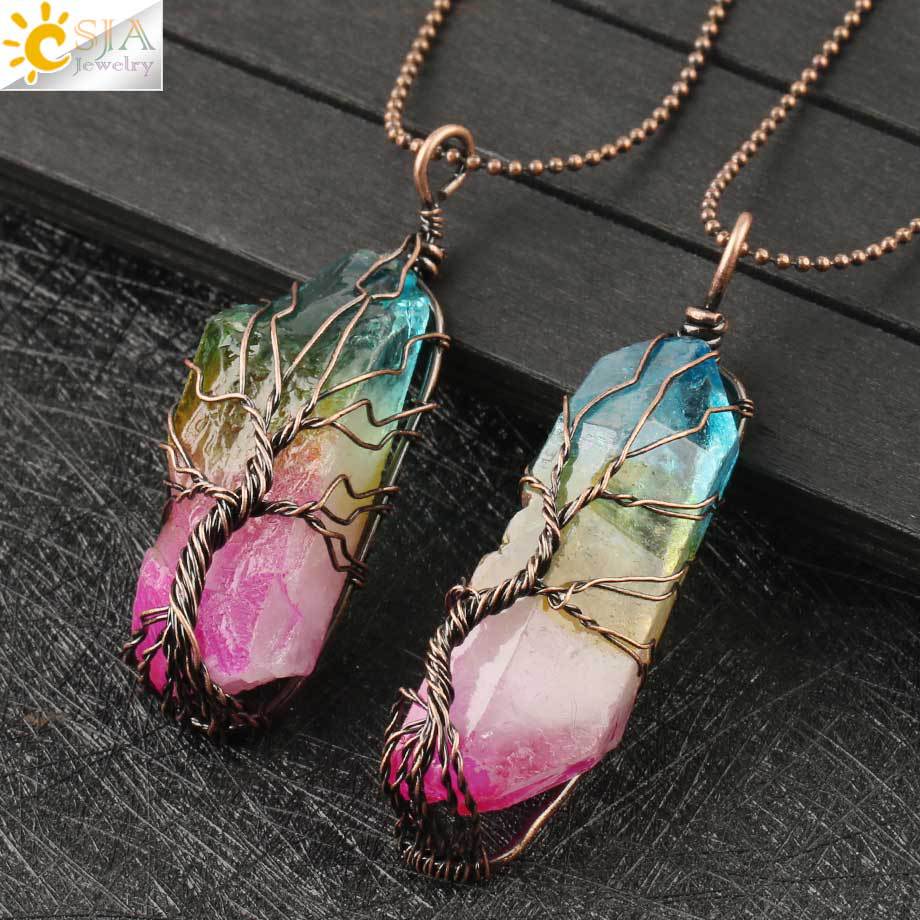 Vintage Reiki Natural Stone Crystal Pendant Necklace Women Men Wire Wrap Tree of Life Pendants Pendulum Gems Rainbow Jewelry