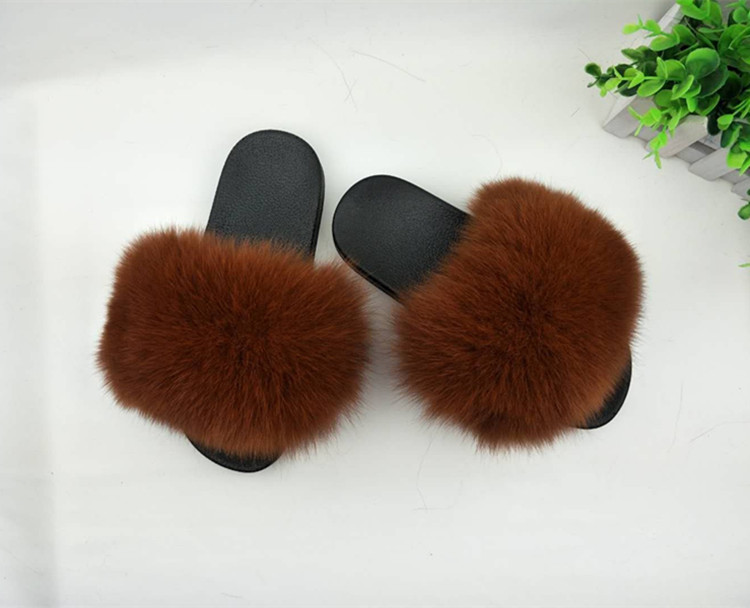 Hot Sale-Real Fur Slippers Women Fox Home Fluffy Sliders With Feathers Furry Summer Outdoor Flats Sweet Ladies Candy Color Shoes Size 45