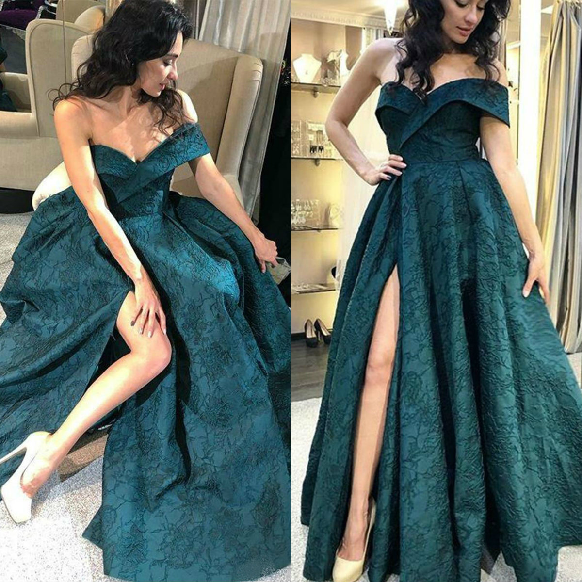 Modest Off Shoulder Prom Dresses Thigh High Slits Sexy Lace Applique Formal Evening Party Dress Robe De Soiree Women Pageant Gowns