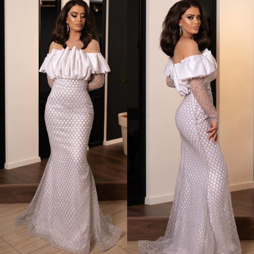 Lace Fabulous Mermaid Evening Dresses Off The Shoulder Neck Sequined Long Sleeves Prom Gowns Floor Length Plus Size Formal Dress