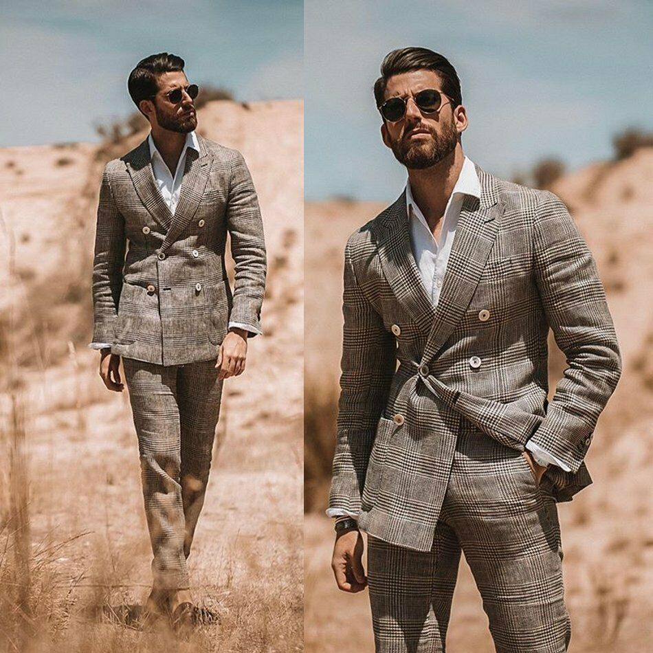 Classic Plaid Men Wedding Suits British Style Double Breasted Notched Lapel Tuxedos Formal Work Prom Office Business Blazer(Jacket+Pants)