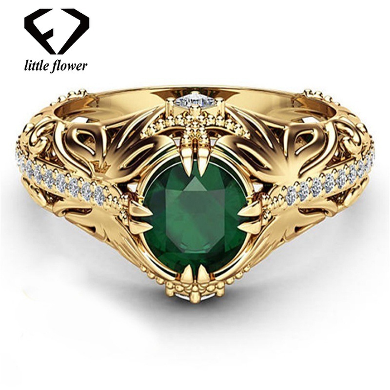 14K Gold Diamond Emerald Wedding Ring Jewelry Ornament Etoile Anillos diamond Bizuteria for Women Emerald Jade 14K Gemstone Ring LY191217