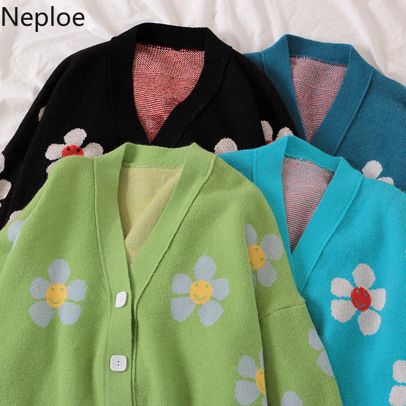 Neploe Preppy Style Flower Knit Cardigans Sweater Women V Neck Loose elegaht Thicked Pull Femme Print Short Casual Coat 46565 T200319