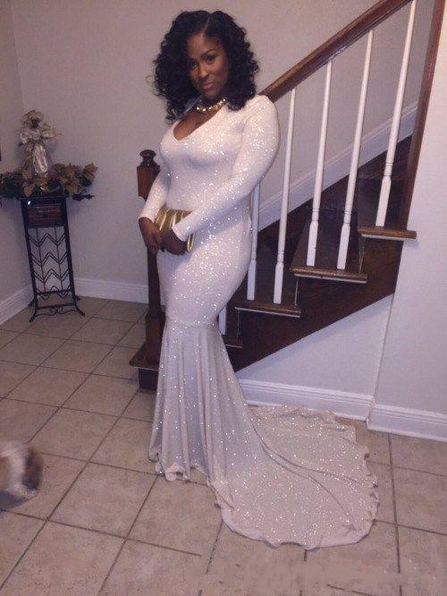 Sparkly Sequined White Mermaid Prom Dresses New Long Sleeve V Neck Sweep Strain Formal Evening Dress Party Gowns Custom Made Plus Size