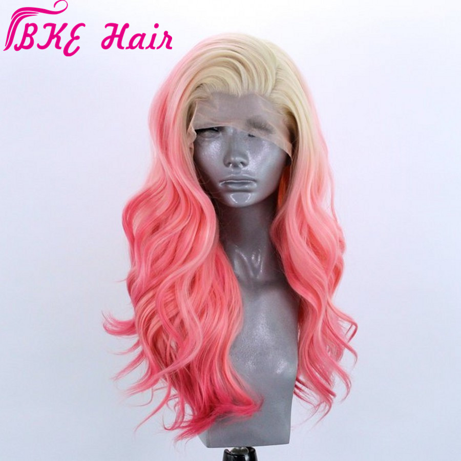 Hand Tied Ombre Pink Long wavy 360 lace full Hair wig side part Glueless Synthetic Lace Front Wigs for Cosplay Make up