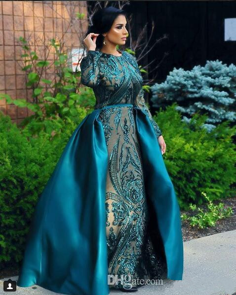 Hunter Teal Mermaid Prom Dresses with Long Sleeve 2019 Muslim Arabic Jewel Neck Detachable Train Lace Stain Formal Evening Gown