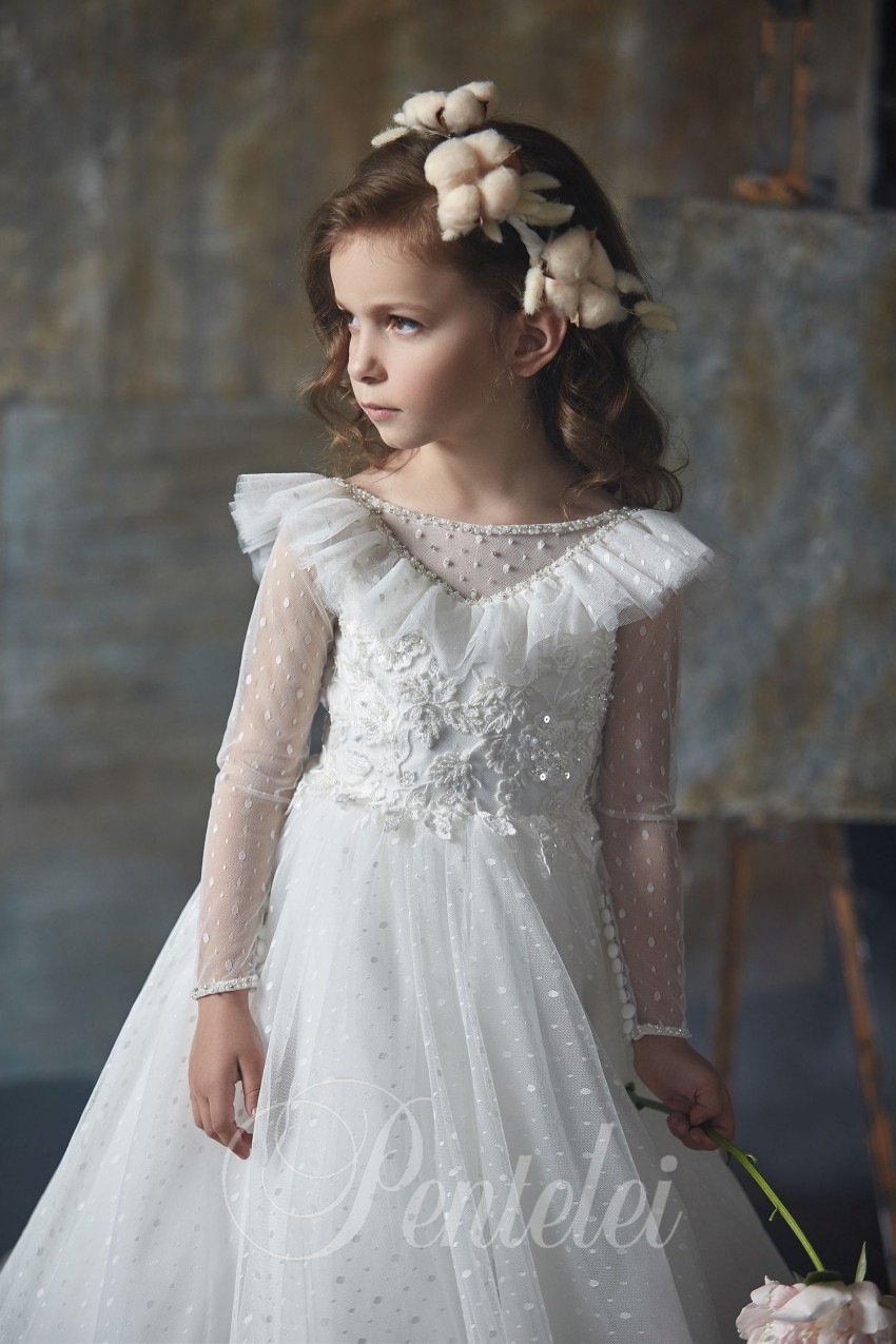 Bohemian Appliqued Backless Flower Girl Dresses For Wedding Bateau Neck Beaded Long Sleeves Toddler Pageant Gowns Tulle Kids Prom Dress 407