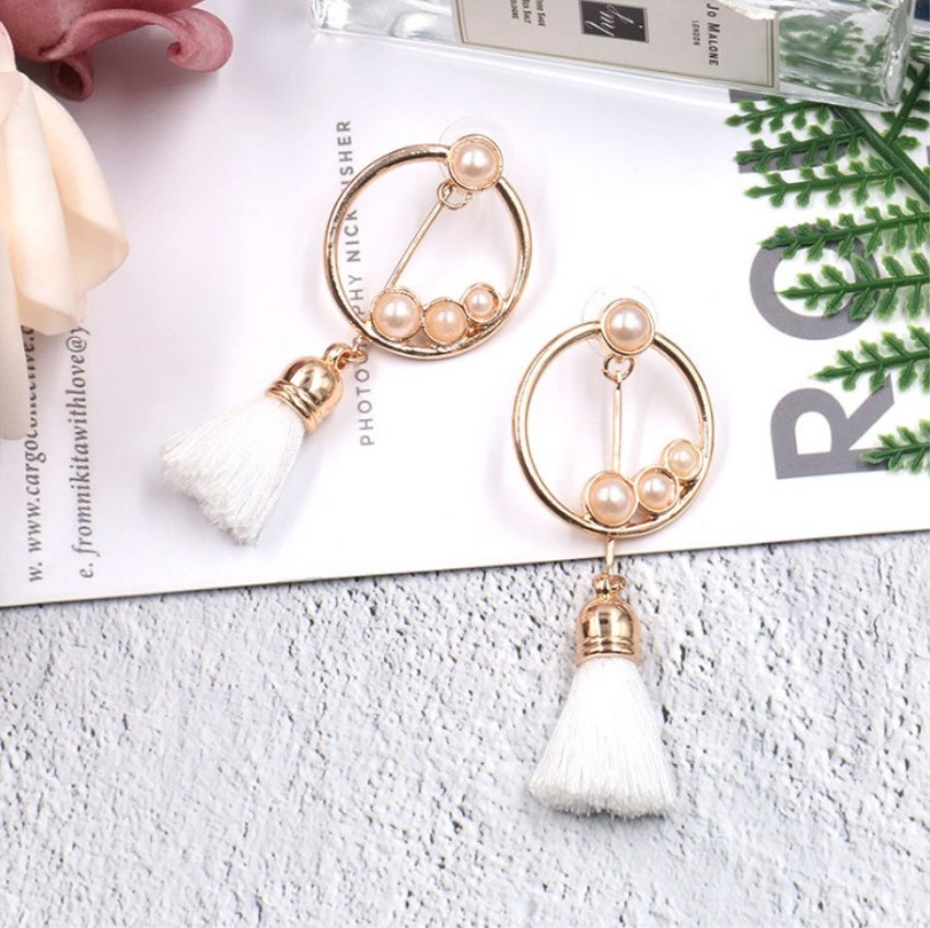 Long fringed earrings round with pearl diamond accessories female dress cocktail wedding earrings
