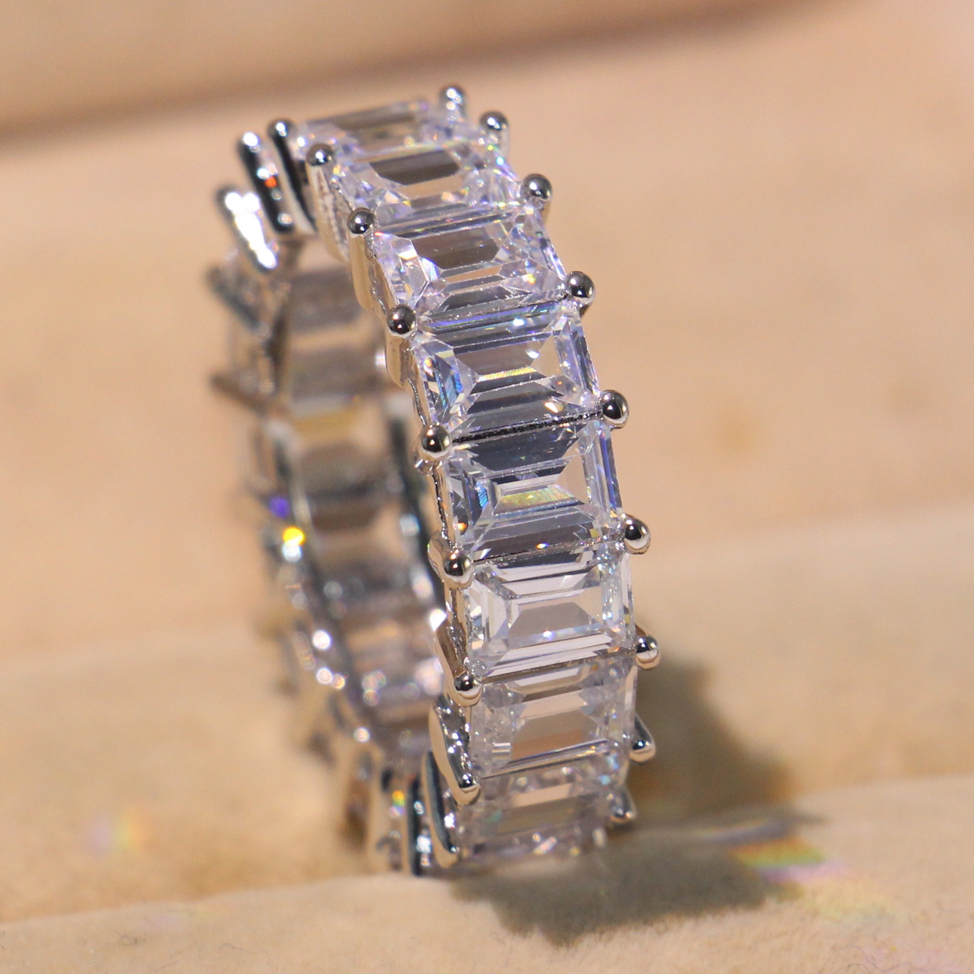 Top Selling Simple Fashion Jewelry 925 Sterling Silver Princess Cut Full White Topaz CZ Diamond Eternity Women Wedding Band Ring Gift