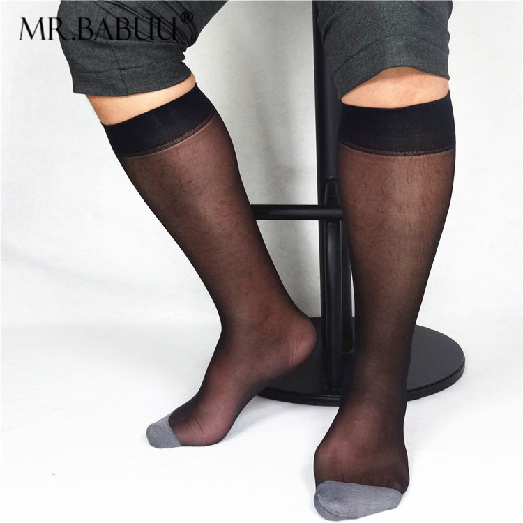 Men Business Soft Sheer Socks Contrast Toe Light Weight Formal Dress Suit Knee Length Long Socks Mesh Nylon Silk Socks