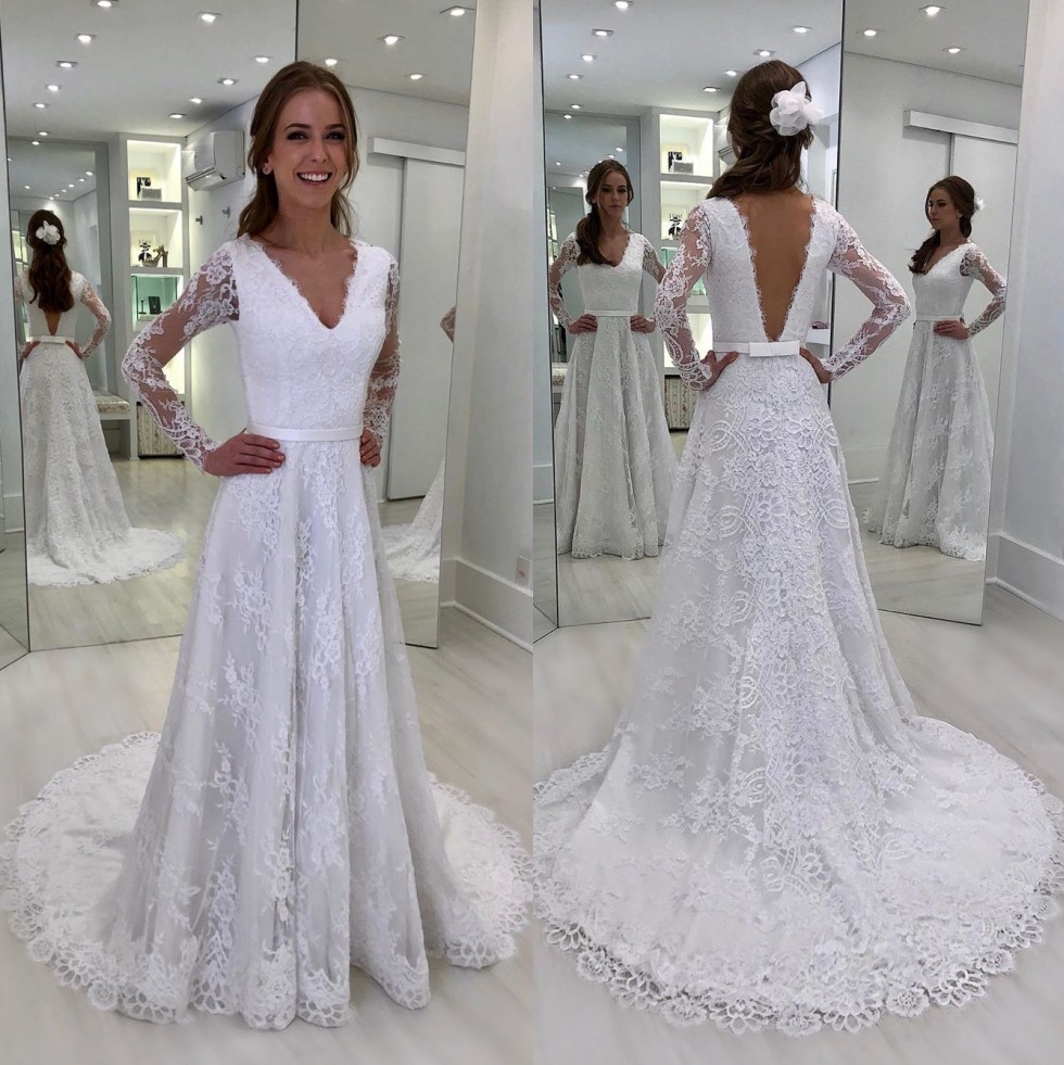 Lace Attractive White Long Sleeves Wedding Dresses V Neck Backless Bridal Gowns A Line Sweep Train Robe De Marie