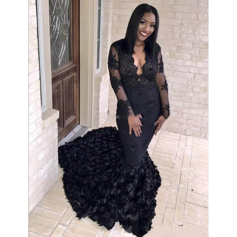 Gorgeous Black Mermaid Prom Dresses 3D Rose Sweep Train Evening Gowns South African Sheer Long Sleeves Formal Party Dress Vestidos De Festa