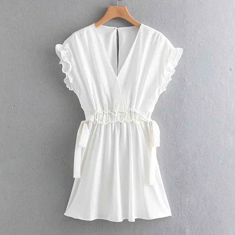 2020 women solid white V neck dress mini ruffles Sleeveless bow tie sashes elastic waist sweet dresses female chic vestidos, As picture
2020 women solid white V neck dress mini ruffles Sleeveless bow tie sashes elastic waist sweet dresses female chic vestidos, As picture