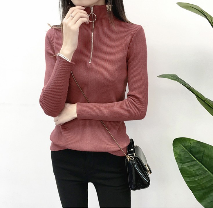 Casual Knitted Turtleneck Pullovers Sweater Women Autumn Winter Zipper Up Solid Slim Knitting Sweaters Pull Femme