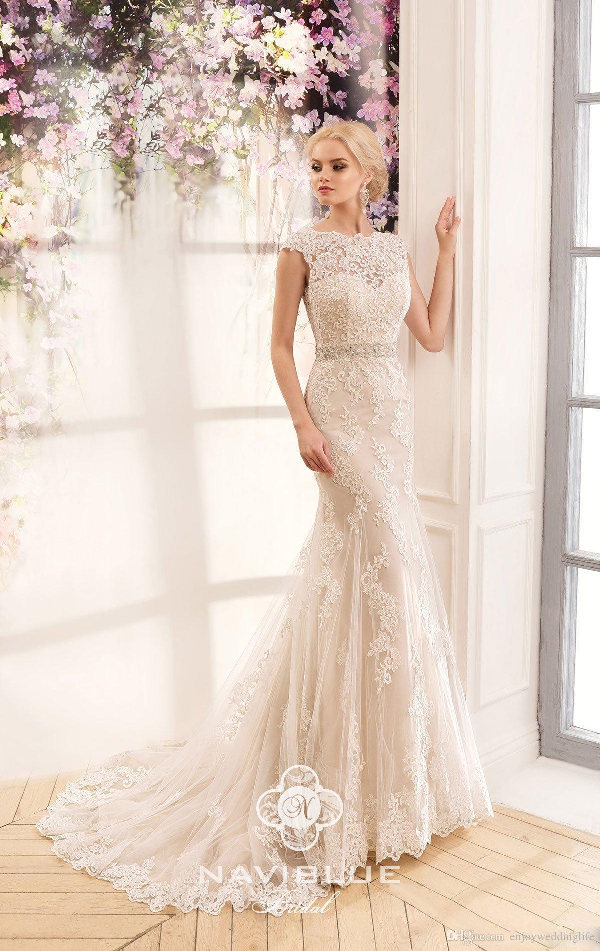 Lace Modest Full Mermaid Dresses Bateau Neck Backless Sweep Train Bow Knot Wedding Dress Bridal Gowns Vestidos De Novia