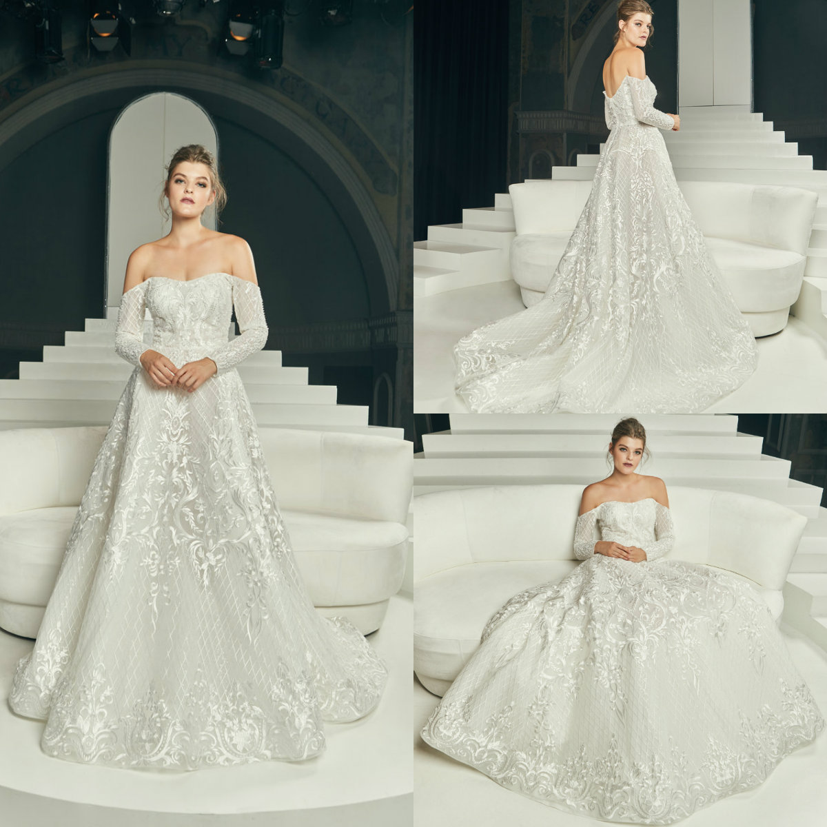 2019 Country Wedding Dresses Off The Shoulder 3D Floral Appliques Sweep Train Long Sleeve Bridal Gowns Custom Made Plus Size Wedding Dress