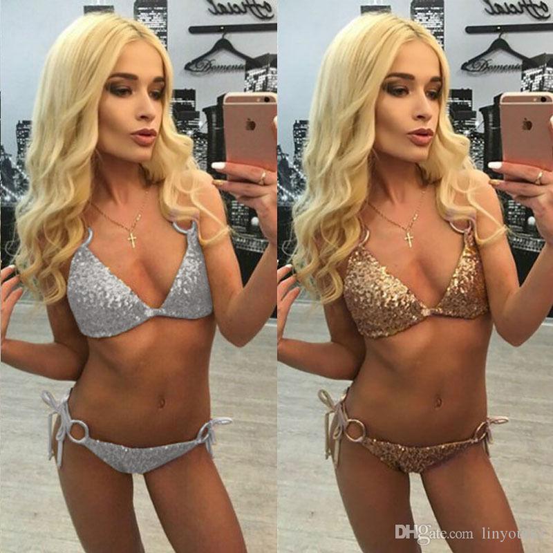 2020 Sexy Bikinis Sequins Golden Women Bandage Bikini Set Push Up Padded Strappy Swimsuit Backless Brazillian Summer Swimwear