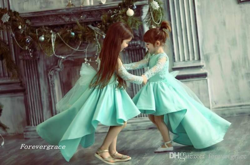 2019 Chic High Low Cute Princess Long Sleeves Girl's Pageant Dress Vintage Arabic Lace Party Flower Girl Pretty Dress For Little Kid