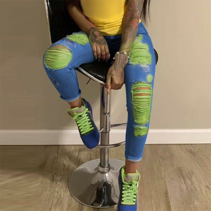 Orange Print Ripped Jeans For Women Denim Pencil Pants High Waist Skinny Boyfriend Jeans Torn Jeggings Large Size Mom 2020