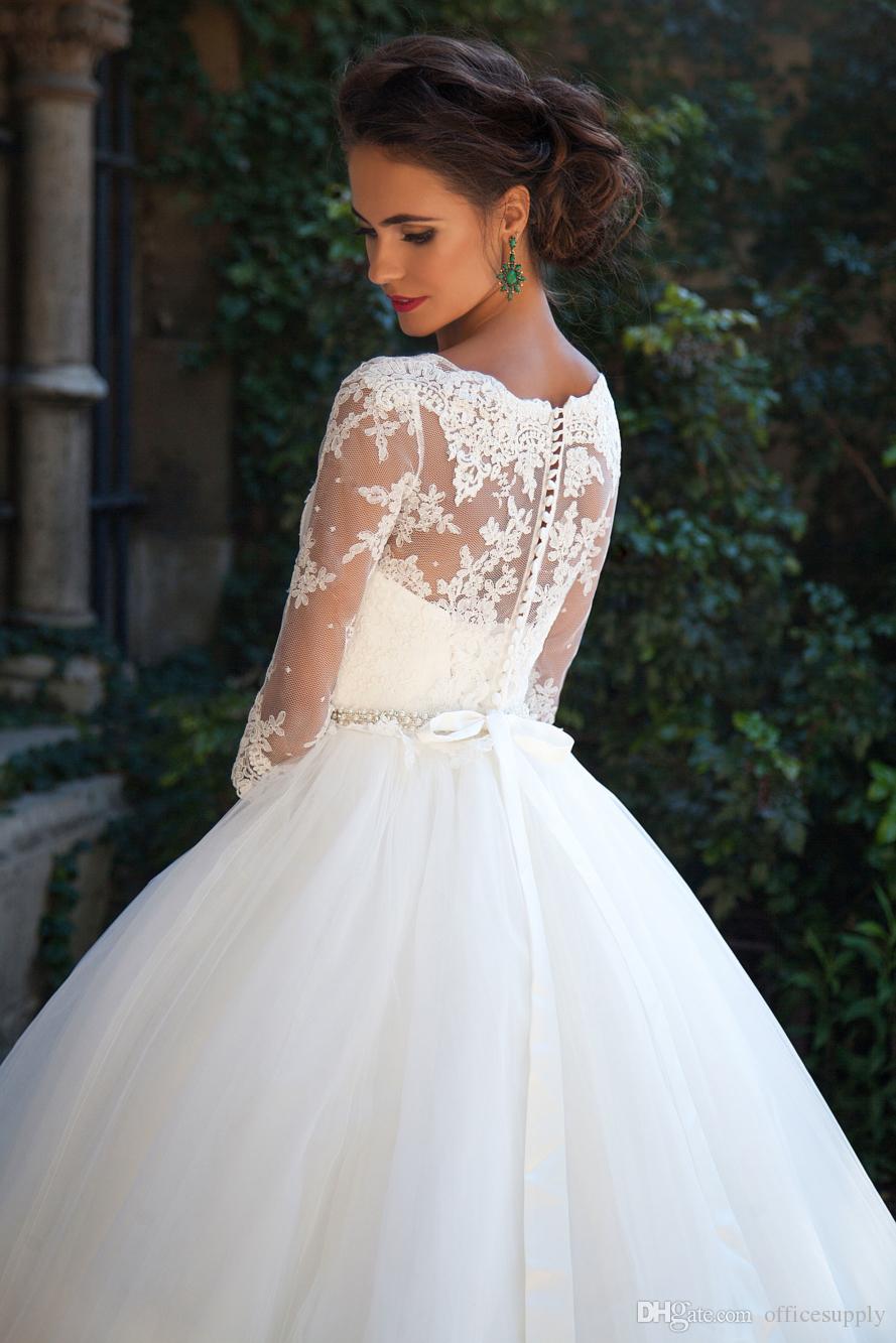 White Wedding Elegant Dresses Lace Bateau Neck A-Line Half Sleeves Button Back Pearls Belt Appliques Garden Bridal Gowns Robes De Soire