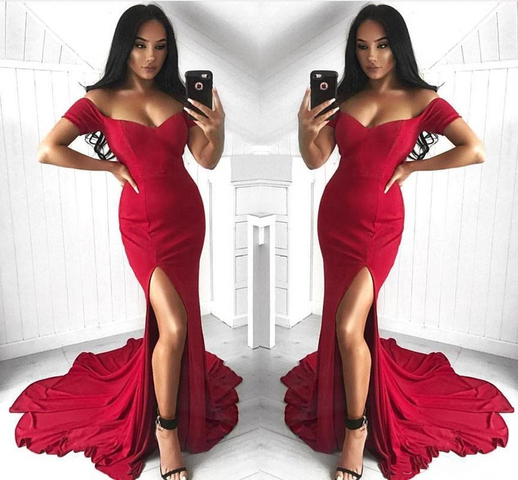 2019 Sexy Side Split Mermaid Prom Dresses Off-Shoulder Red Short Sleeve Evening Dress Satin Floor Length Formal Evening Gowns Long Dresses, Champagne
2019 Sexy Side Split Mermaid Prom Dresses Off-Shoulder Red Short Sleeve Evening Dress Satin Floor Length Formal Evening Gowns Long Dresses, Champagne