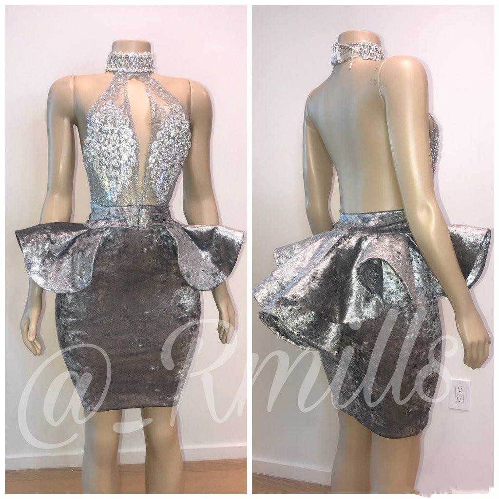 Sexy High Neck Cocktail Dresses Peplum Beaded Sleeveless Short Prom Party Dress For Women Cheap Mini Formal Evening Gowns