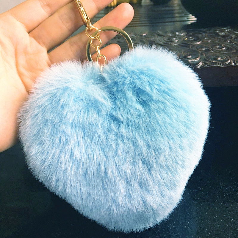 12cm Cute Fluffy Heart Keychains Women's Pom Poms Faux Rex Rabbit Fur Key Chains Girl Bag Hang Car Key Ring Jewelry Accessories