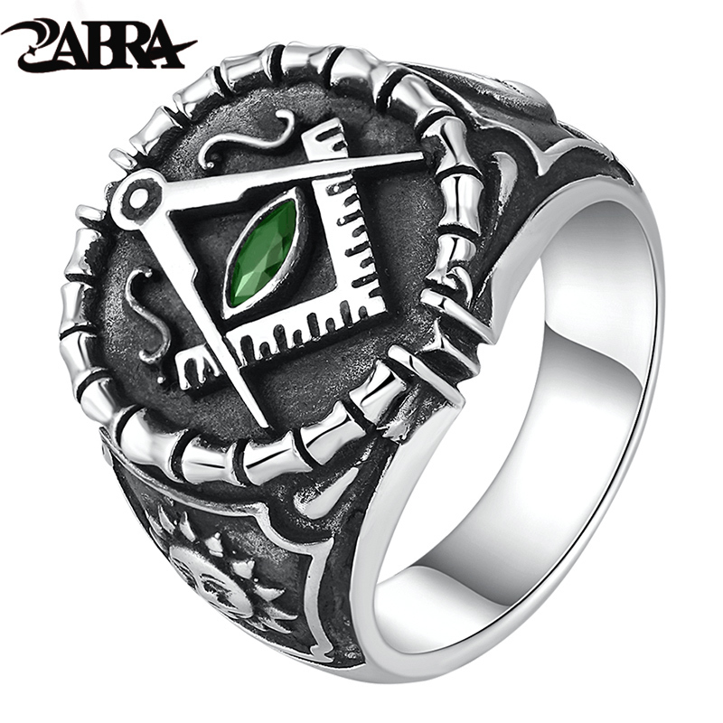 ZABRA Vintage 925 Silver Ring Mens Green Cubic Zirconia Masonic Rings For Men Punk Cool Gift Sterling Silver Symbols Jewelry D19011502