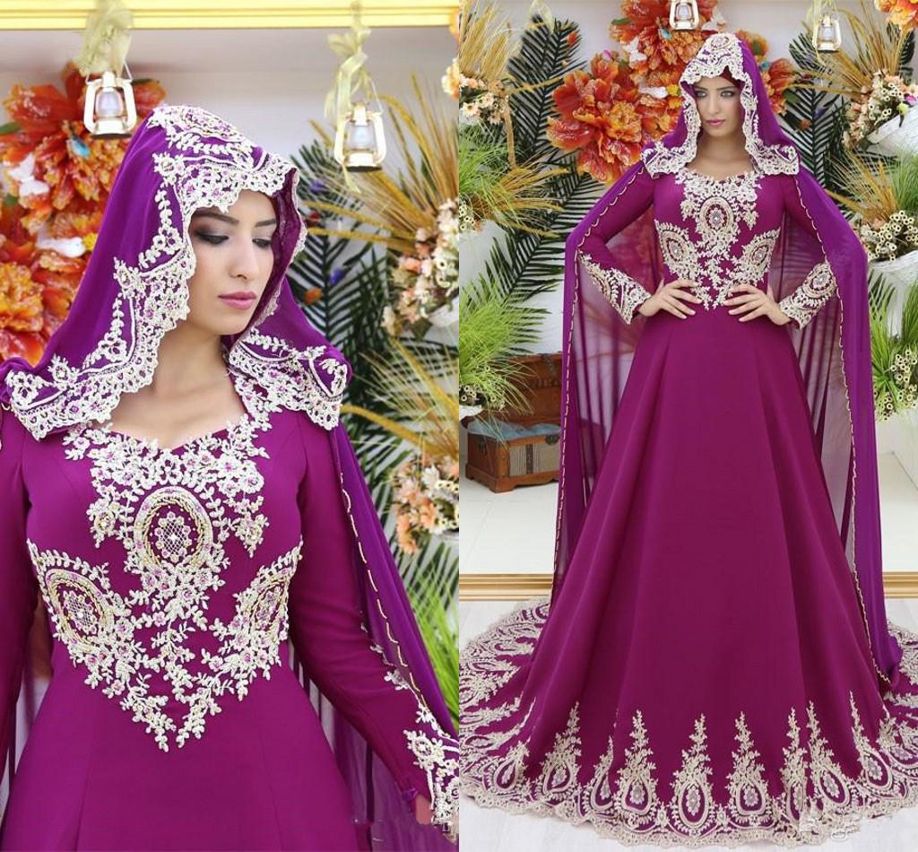 Vintage Muslim Evening Dresses With Appliqued V Neck Chiffon Sweep Train Long Sleeve Formal Party Gowns Custom Made Prom Dress Plus Size