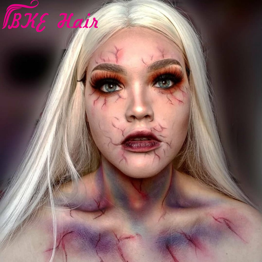 Free part blonde white color Cosplay Wig 30inches Long Straight synthetic lace front wig Costume Halloween Carnival White Women for Party
