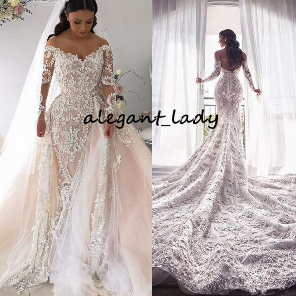 Plus Size Mermaid Wedding Dresses with Long Sleeve 2020 Off Shoulder Lace Applique Cathedral Detachable Train Wedding Gown Steven Khalil