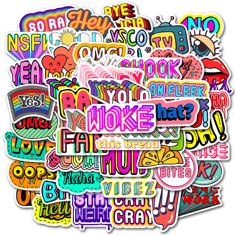 50pcs/Set Cartoon English Phrase Waterproof PVC Stickers to DIY Luggage Guitar Laptop Motorcycle Skateboard Sticker Kids Toys