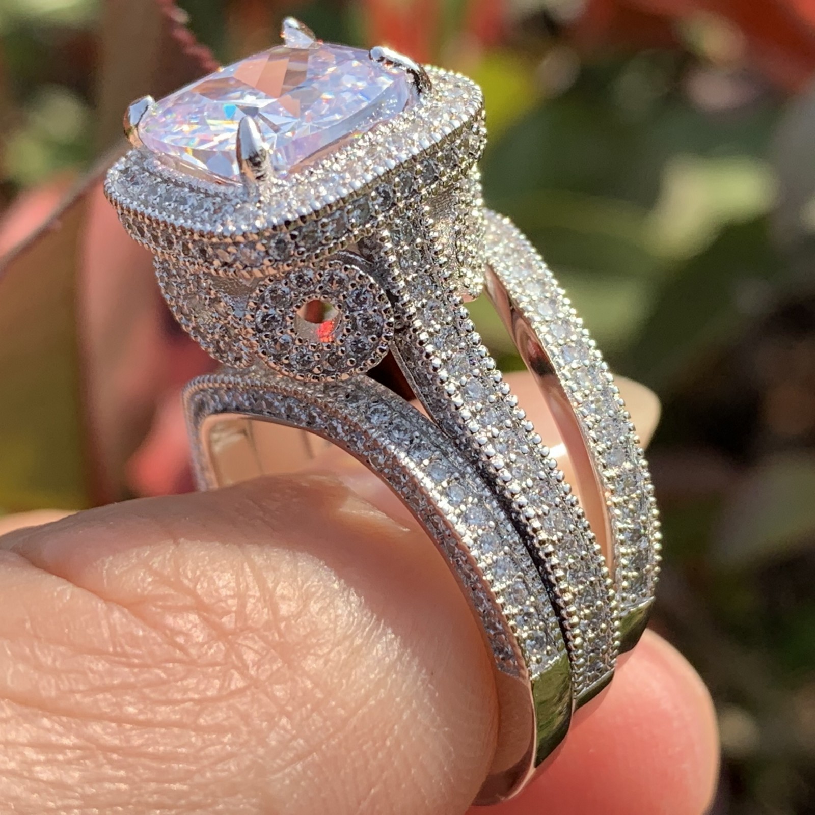 2019 New Hot Ring Set Vintage Fashion Jewelry 925 Sterling Silver Cushion Shape White Topaz CZ Diamond 3pcs Women Wedding Band Ring Gift