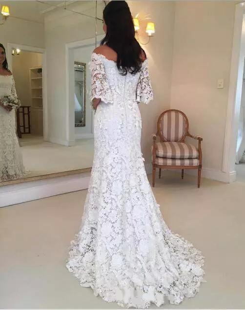 Graceful Lace Appliques Mermaid Wedding Dresses Off-Shoulder Half Sleeve Zipper Back Bridal Dresses Sweet Design Bargain
