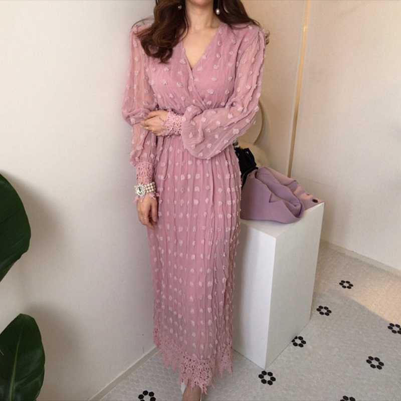 Chiffon Pink Polka Dot Dress Lace Long Sleeve Vestido De Festa Longo Elegant v Neck Woman 2020 Spring Summer Ropa Femenina Robes
Chiffon Pink Polka Dot Dress Lace Long Sleeve Vestido De Festa Longo Elegant v Neck Woman 2020 Spring Summer Ropa Femenina Robes