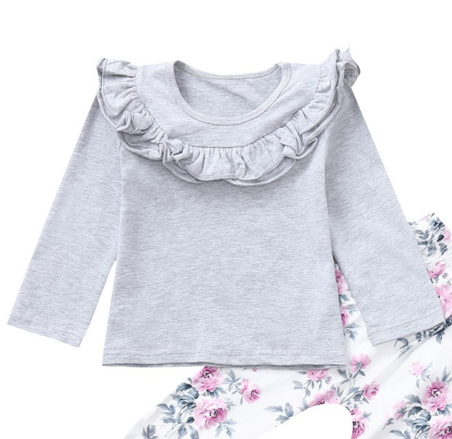 Newborn baby clothing set Toddler Girls Ruffles Solid Tops+Floral Lace Pants Set Clothes baby girl outfit roupa menina