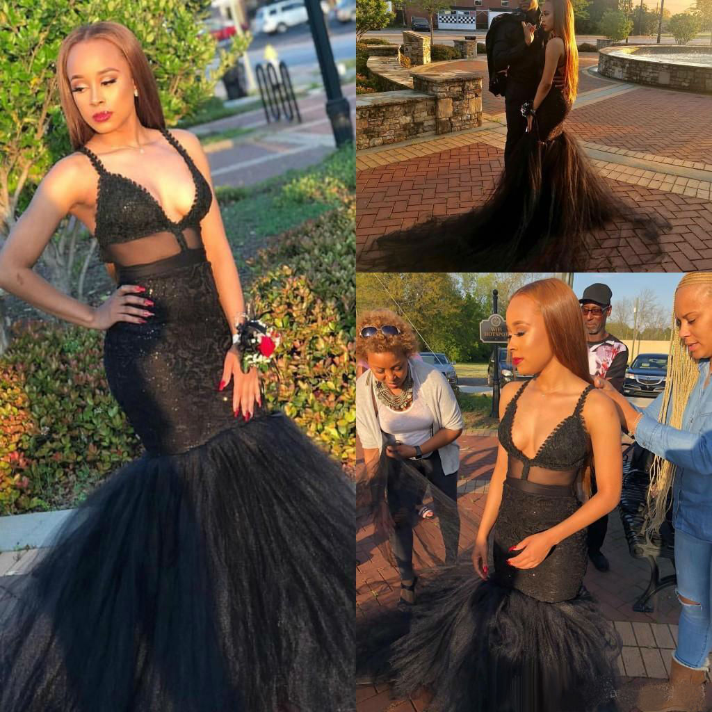 Sexy Black Mermaid Prom Dresses 2019 Spaghetti Straps Lace Applique Sequins Black Girls Evening Dress Homecoming Formal Party Dresses