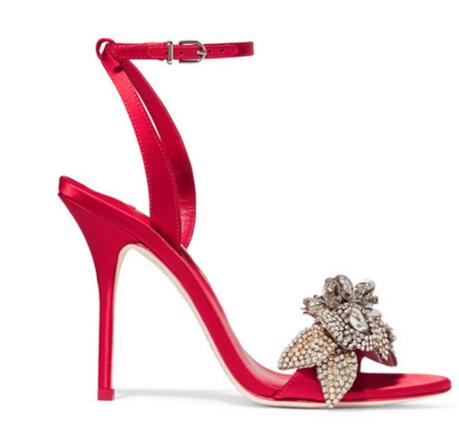 Hot Sale-Chic Silk Satin Clear Crystal Wedding Shoes Bride Ankle Strap Rhinestone Women Sandals Flower High Stiletto Heel Summer Sandals
