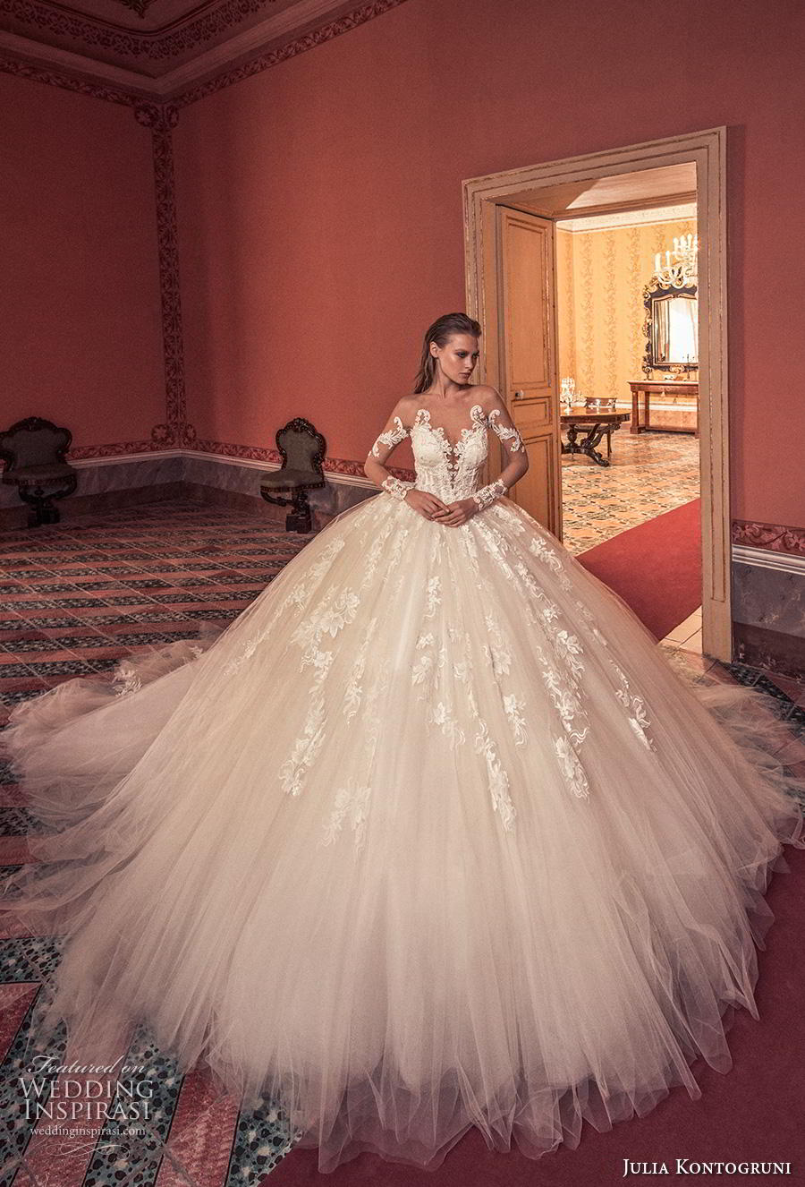 Julia Kontogruni Vintage Wedding Dresses Long Sleeve Lace Appliques Chapel Train Bridal Gowns Plus Size robe de mariée