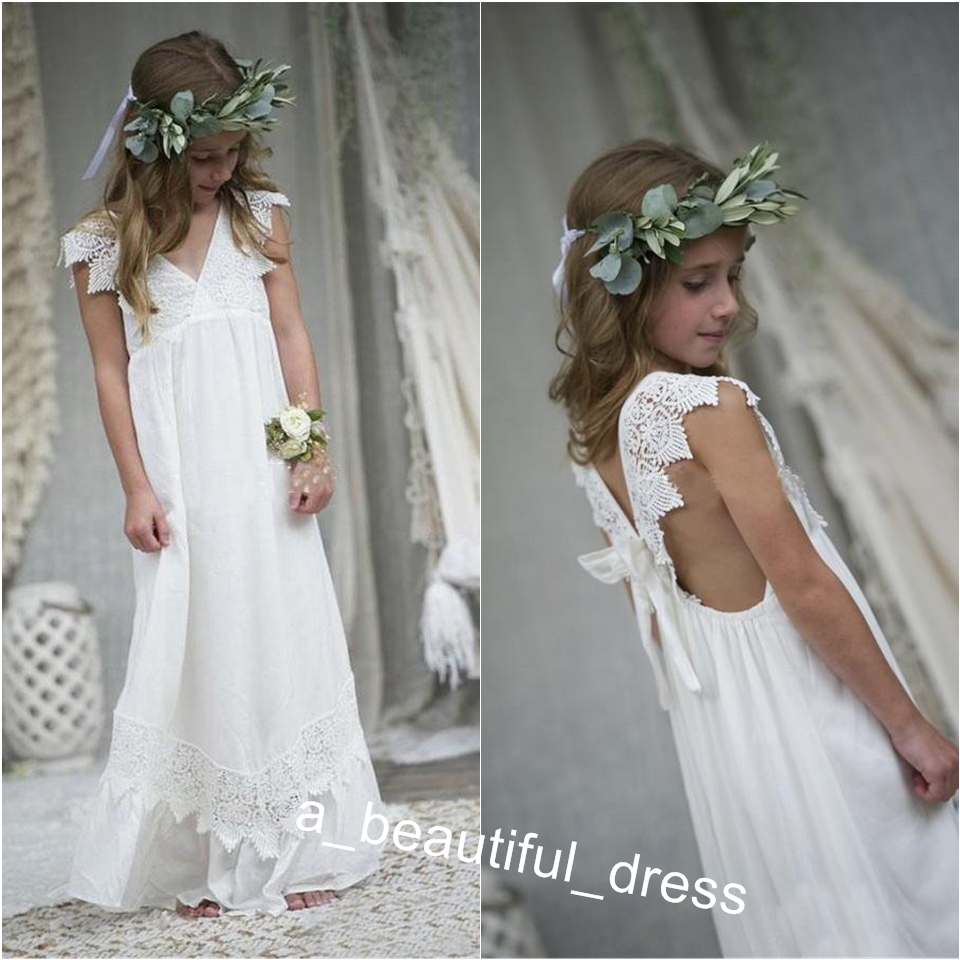Newly Beach Boho Flower Girl Dresses Chiffon Custom Size Holy Communion Gowns V Neck Kid Formal Dresses