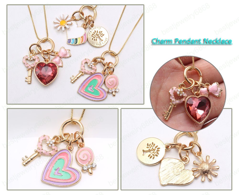 Fashion Design Kids Girls Heart Flower Key Pendants Necklace Baby Child Charming Chain Necklace Jewelry Accessories New