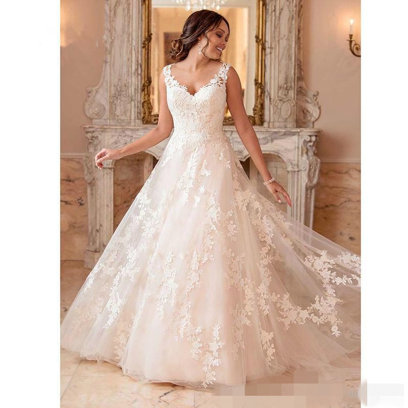 Elegant V Neck Dresses A E Straps Lace Applique Covered Buttons Sweep Train Custom Made Wedding Bridal Gown Plus Size 401 6660311