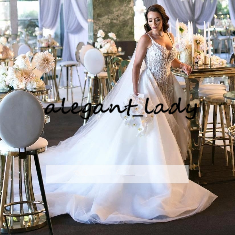 Gorgeous Luxury Lace Mermaid Wedding Dresses With Detachable Train 2020 Spaghetti Backless Trumpet Beach Arabic Dubai Bride Wedding Gown