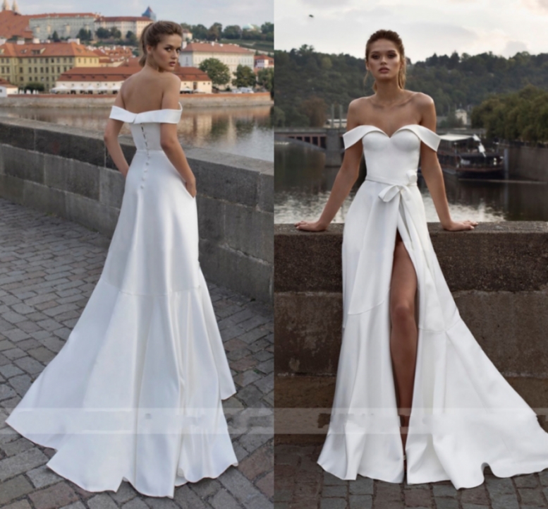 Simple Princess Wedding Dress Mermaid Satin High Split Bride Dresses Off The Shoulder Boho Wedding Gown Vestido de noiva