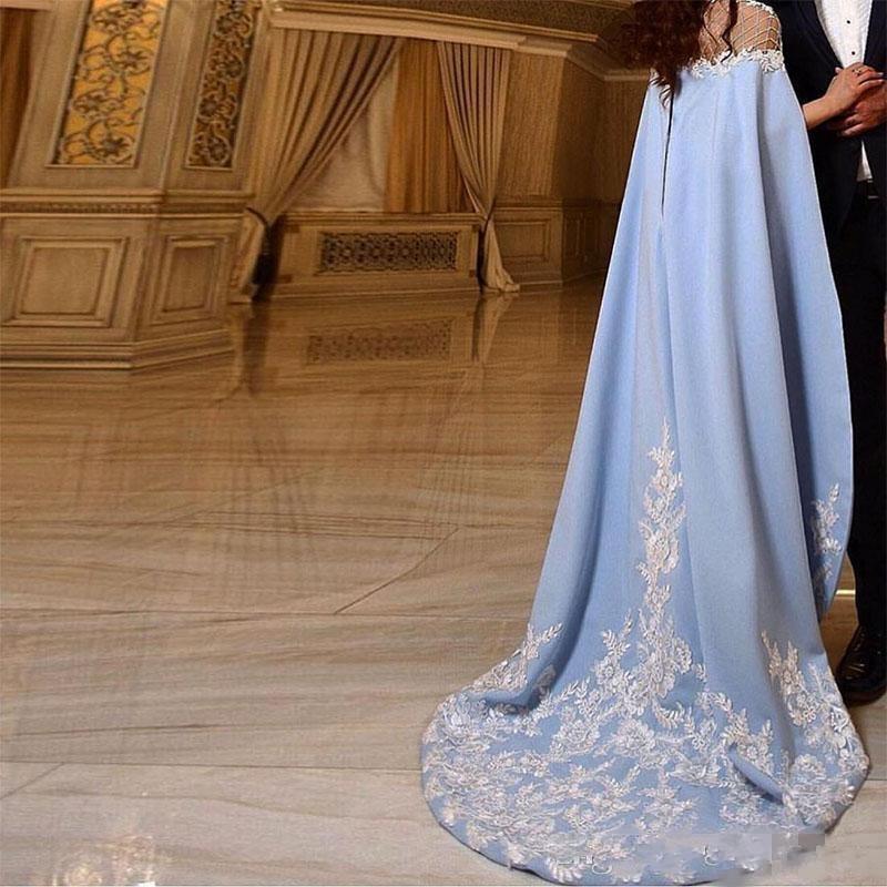 Light Sky Blue Fashion Sheath Prom Dresses With Cape/Wraps Handmade Appliques Women Formal Dresses Evening Wear Beads African Party Gowns