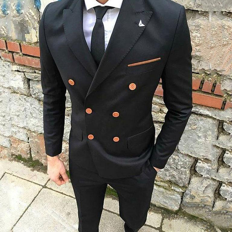 Cool Black Wedding Tuxedos Slim Fit Peaked Lapel Groom Wear Two Button (Jacket+Pants) Custom Made High Quality Blazer
