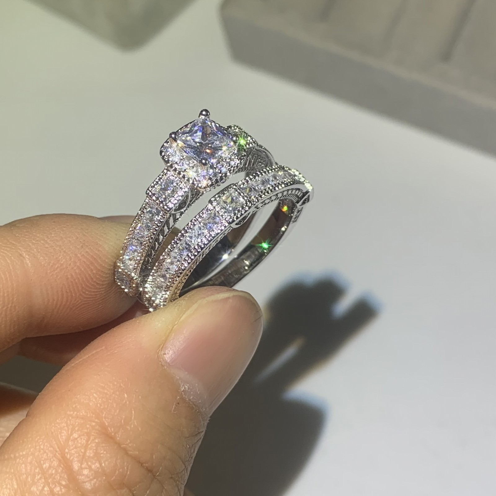 Sterg Sier Couple Rings: Wedding Bridal Cubic Zirconia Princess Cut Topaz Ring Set