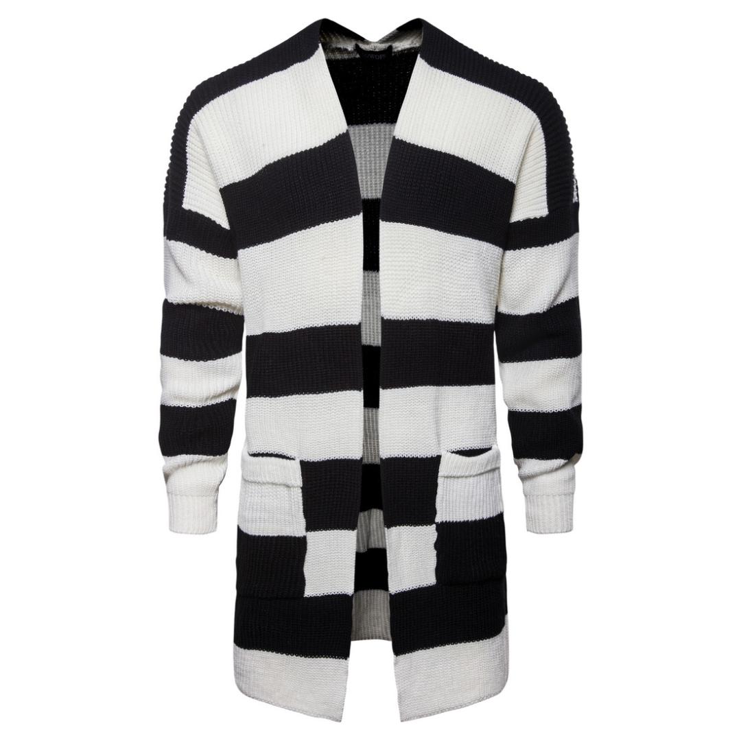 Cardigan Mens Collared Cardigan Jackets Men's Middle Long Black and White Striped Printed Knitted Sweater Jackets, As picture
Cardigan Mens Collared Cardigan Jackets Men's Middle Long Black and White Striped Printed Knitted Sweater Jackets, As picture